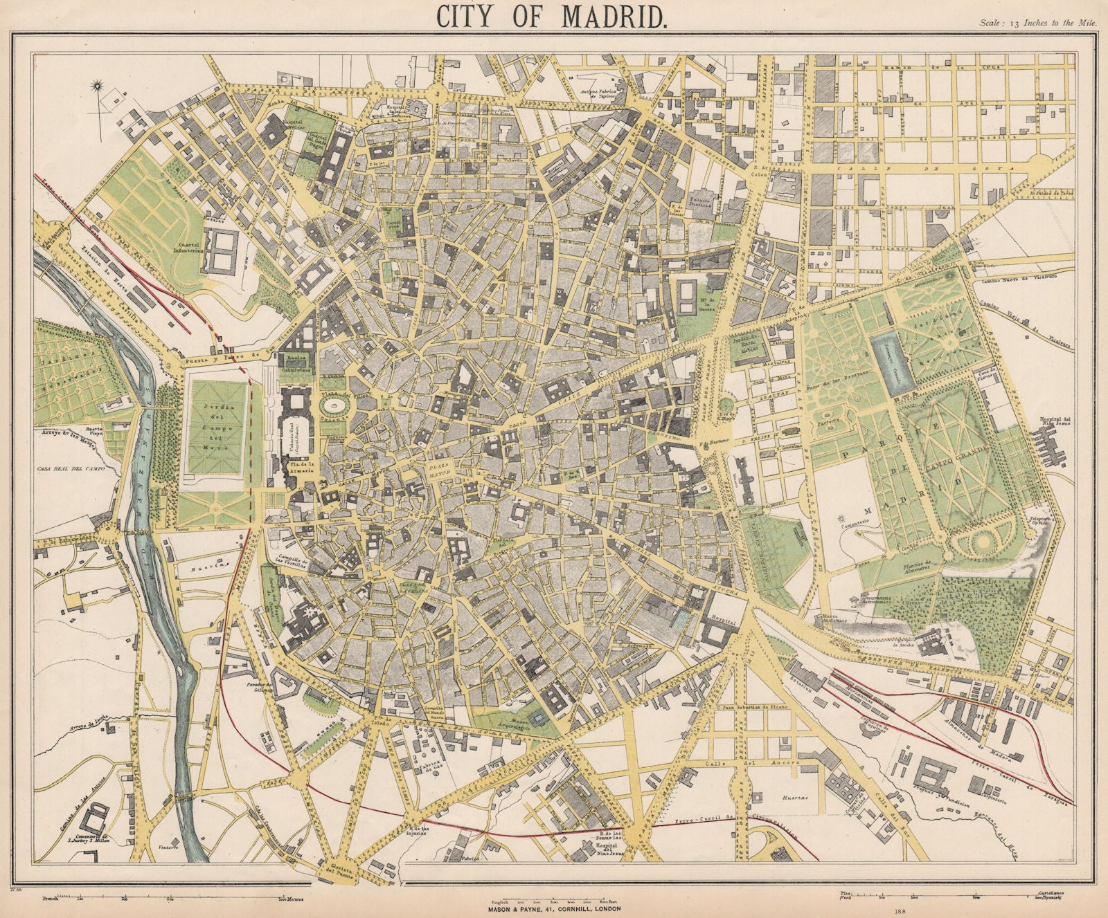 MADRID antique town city map plan. Railways. LETTS 1889 old chart